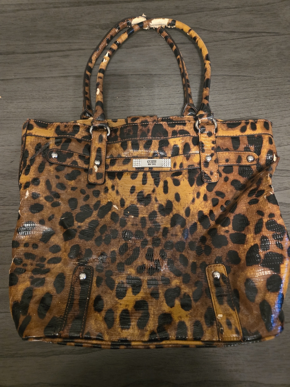 GUESS Leopard-Print Patent Tote in Brown and Black